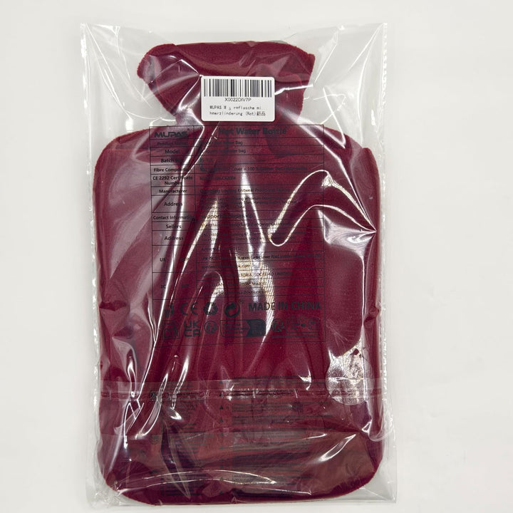 Hot Water Bottle with Fleece Cover - 2L Large Leakproof Hot Water Bag - Soft Hot Water Bottle with Hand Pocket and Natural Rubber -For Hands, Feet, Shoulders, Neck, Abdomen, Legs (Red)