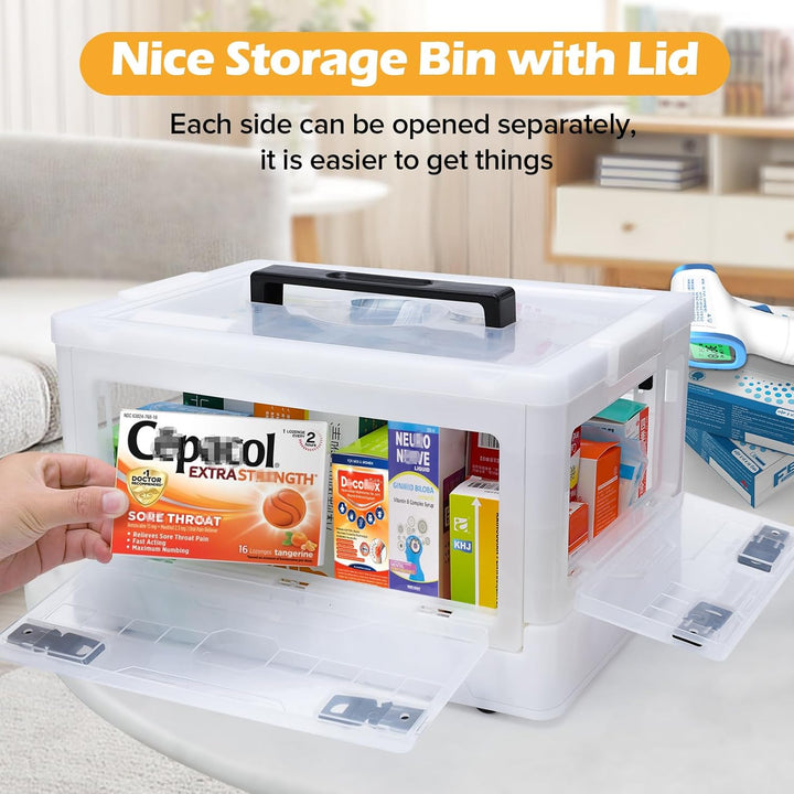 Extra Large Medicine Storage Box with Handles and Wheels, First Aid Box Clear Medicine Organiser with Removable Tray, Multipurpose Plastic Medication Storage Boxes