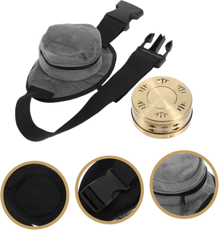 Adjustable Strap Smokeless Moxa Box Copper Moxibustion Container Gray Cloth Bag Portable Heat Therapy for Waist Neck Shoulder Back Pain Relief