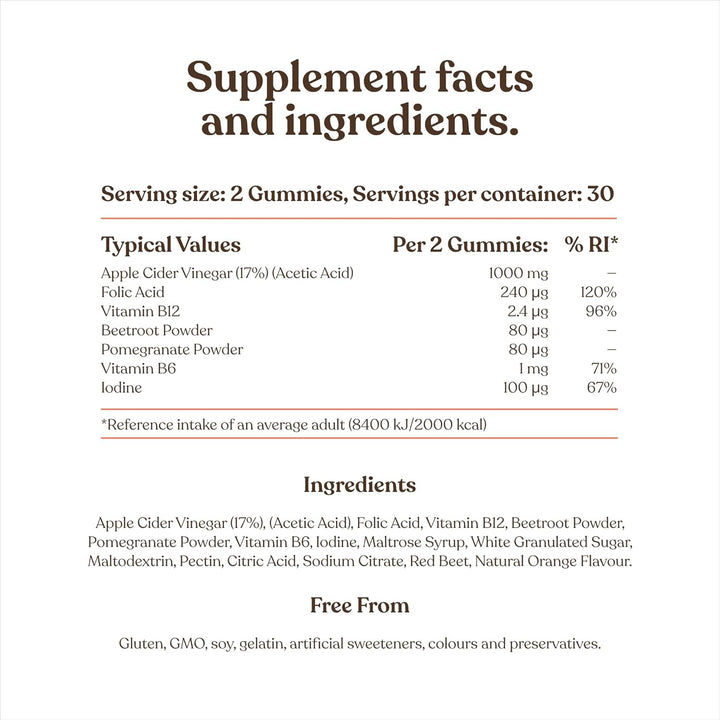 Apple Cider Vinegar Gummies with the Mother 1000Mg | Enhanced with Vitamin B12 & Folic Acid | 60 Vegan ACV Capsules with Pomegranate & Beetroot Powder | Natural Ingredients by