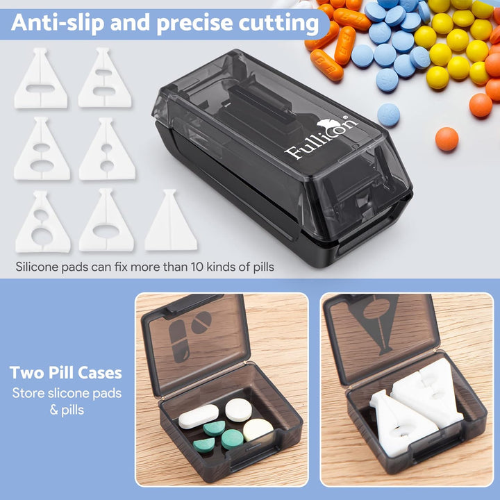 Pill Cutter for Small or Large Pills, Splitter with V-Shape Holder, Medicine Slicer with Sharp Blade, Two Large Organizers - Black