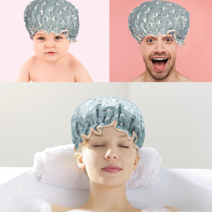 Double Layer Shower Cap for Women Waterproof Reusable Elastic Band, Ruffled Edges Covering Ears for Long, Short & Curly Hair (Blue Bird)