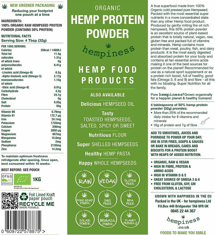 Organic Premium Raw Hemp Protein Powder (1Kg) | 50% Protein | Vegan and Eco-Friendly