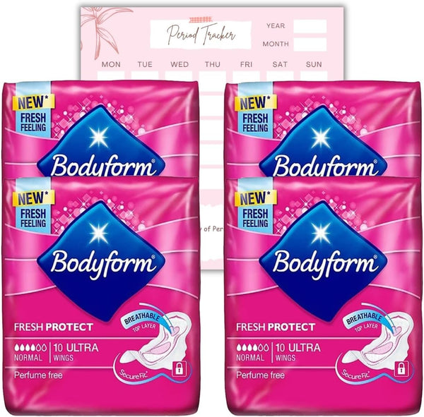 Body Form 10 Ultra Sanitary Towels with Wings Pack of 4, 40 (10 X4 Packs) Perfume Free Period Pads, Normal Flow Cour-V Ultra with  Period Tracker