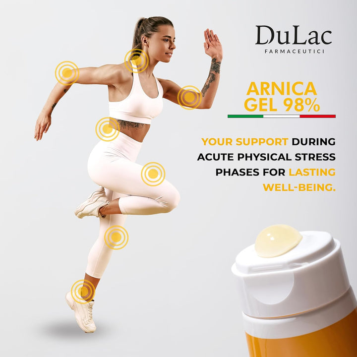 Dulàc, 98% Arnica Gel with Buriti Oil, Thyme and Menthol, for Massaging the Skin of Muscles and Joints, Dermatologically Tested, Nickel Tested, Made in Italy, 100 Ml