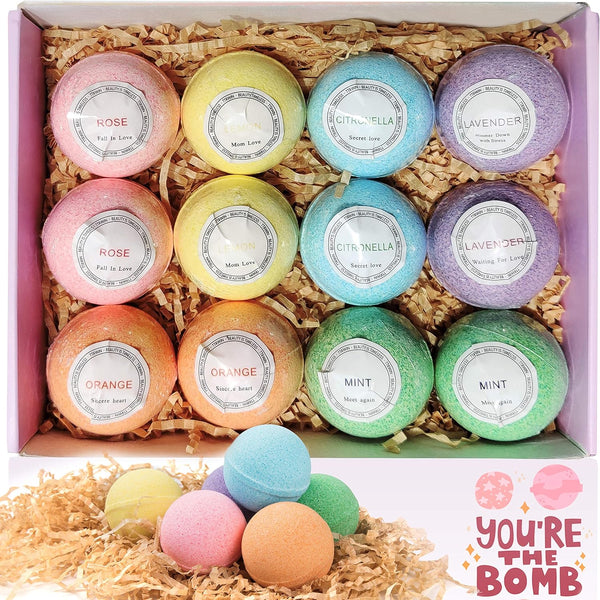 Bath Bombs Gift Set,  Natural Vegan Spa 12 Fizzy Bubble Bath Bomb Kit with Different Organic Essential Oils，Birthday Gift Idea for Her, Women, Men, Kids and Teen Girls