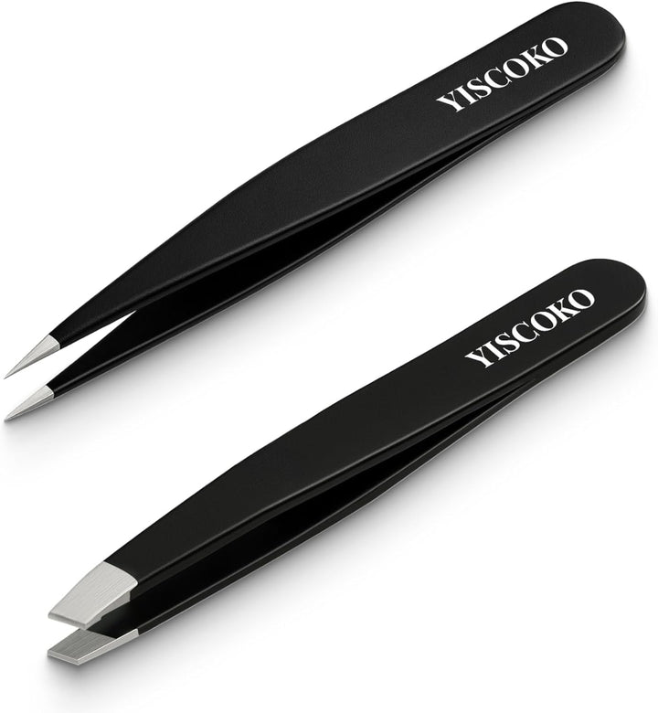 Professional Tweezers for Facial Hair Women,Stainless Steel Eyebrow Tweezers (2 Pcs,Black)