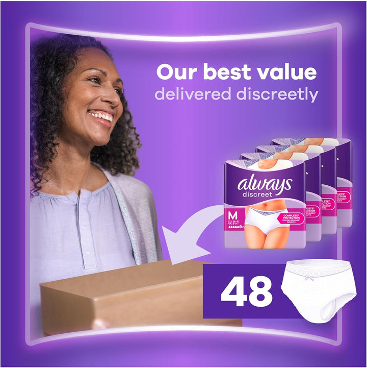 Incontinence Pants Women, Medium, Disposable Underwear Women, UK Size 8-14, White, Absorbency 6, 48 Underwear , Knickers (12 X 4 Packs), Bladder Leak Protection , Maternity Postpartum