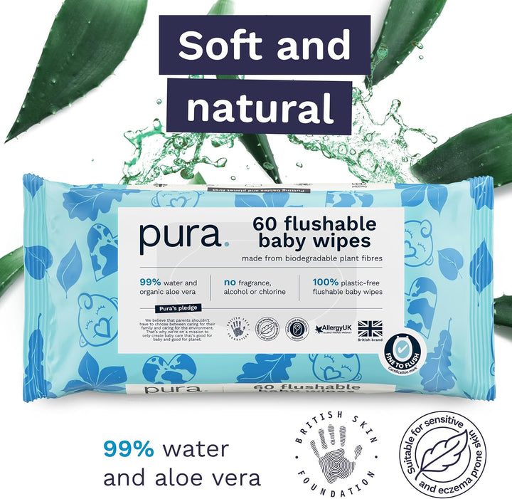 Eco Flushable Baby Wipes - 1 Pack (60 Wipes) 100% Plastic Free, 99% Water, Suitable for Sensitive, Eczema Prone Skin, Newborn Baby & Toddlers, Biodegradable, Vegan, Potty Training