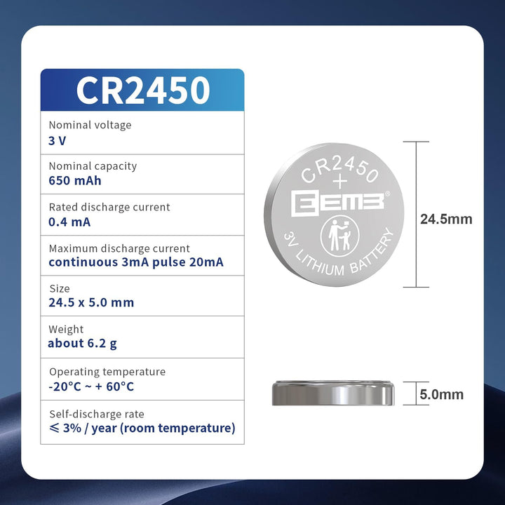 5 PACK CR2450 Battery 3V Lithium Battery 2450 Button Coin Cell Batteries DL2450, ECR2450, BR2450 for Watch Tea Lights Votive Candles Alarm System Car Key Fob Remote Control Calculators Toys Games