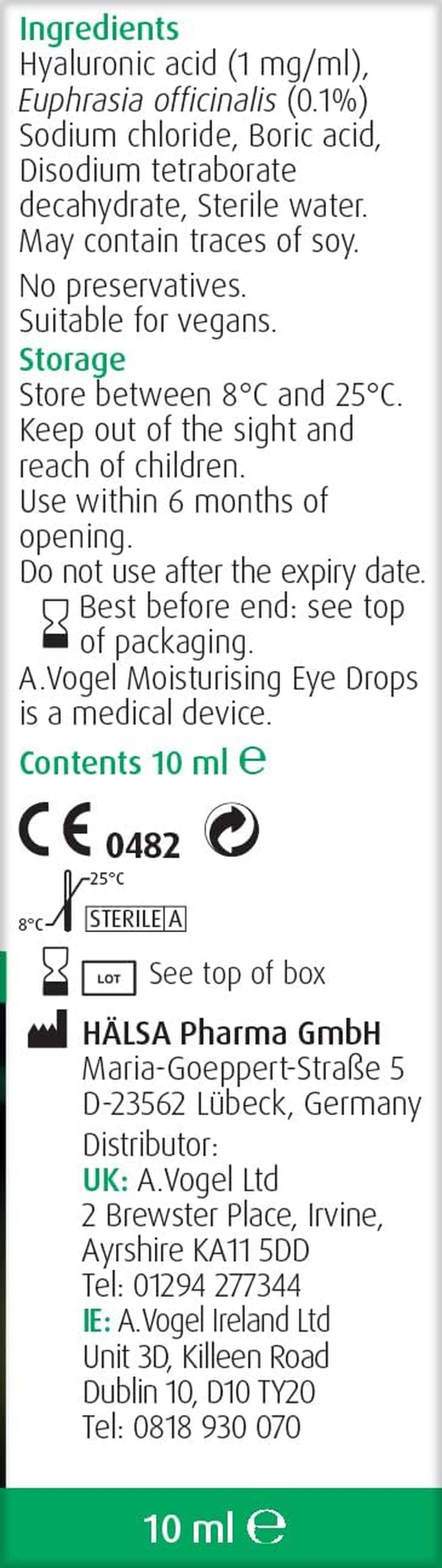 Moisturising Eye Drops 10Ml | for Very Dry and Irritated Eyes | Contact Lens Friendly | with Euphrasia & Hyaluronic Acid