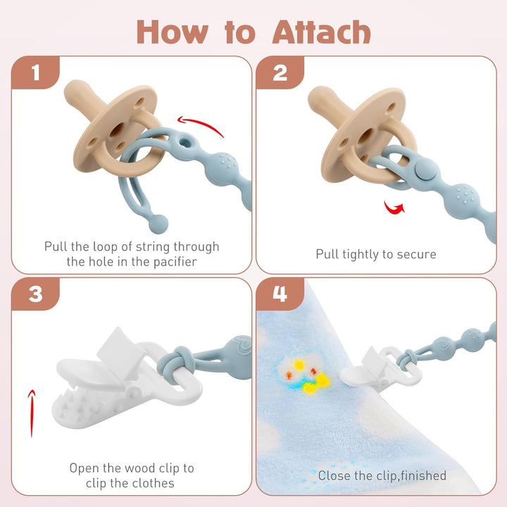 Silicone Dummy Clip for Baby Boys and Girls, One Piece Pacifier Clips, Wooden Soother Clips Design, Fits Most Pacifiers and Teething Toys (Sage+Ether)