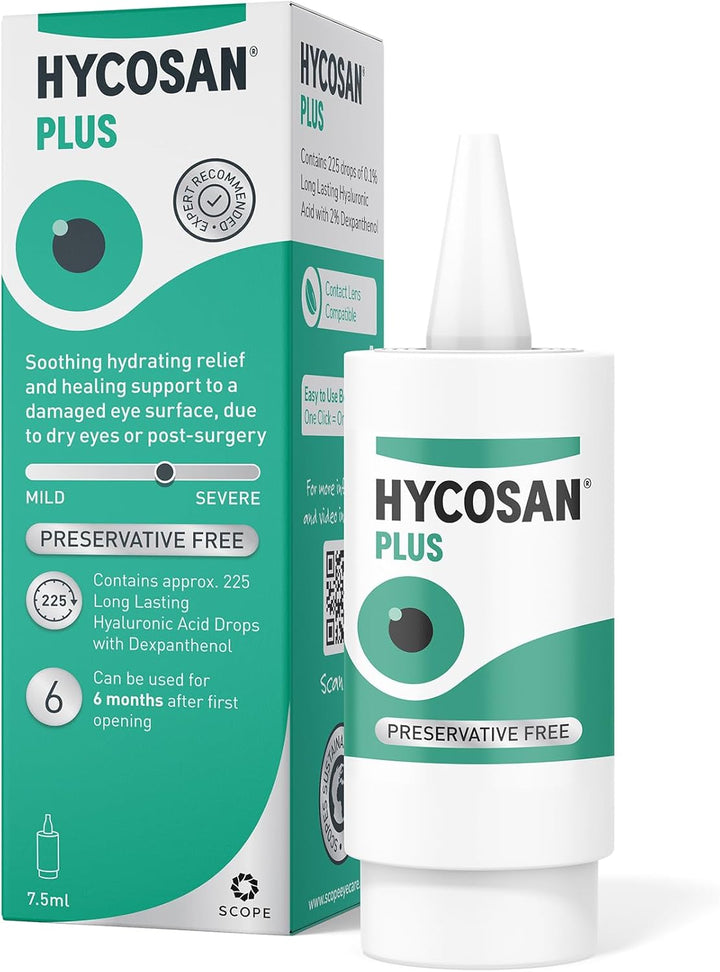 plus - Dry Eye Drops with Hyaluronic Acid and Dexpanthenol for Soothing Hydrating Relief and Healing Support for Eyes Recovering from Injury or Surgery - Preservative Free - 225 Measured Doses