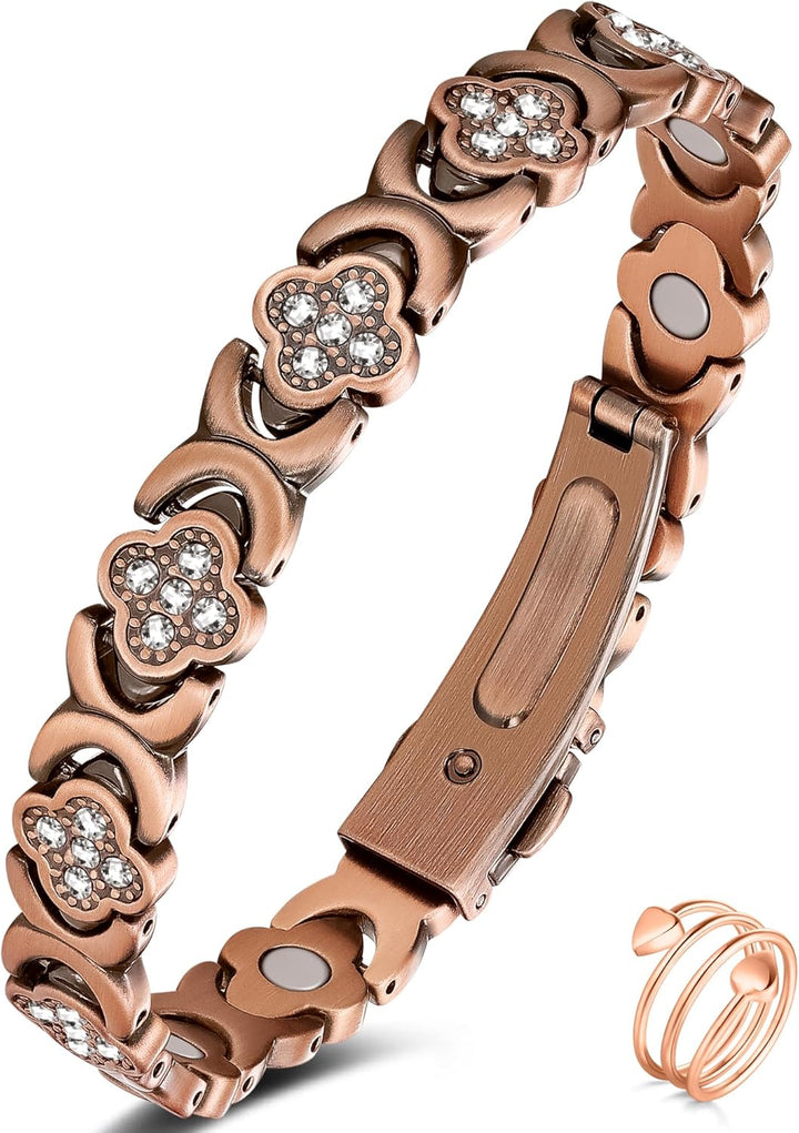 99% Copper Bracelet for Women,Magnetic Bracelet for Women with Lucky Clover Design,Adjustable Length with Sizing Tool in Gift Box(Rose Gold)