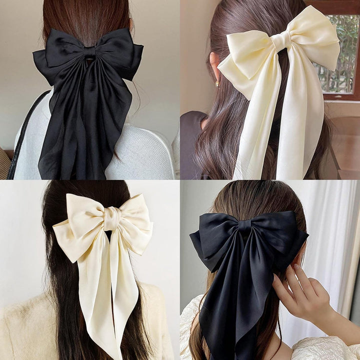 2 PCS Big Bow Hair Clips with Long Silky Satin, Solid Color French Barrette Simple Hair Fastener Accessories for Women Girls