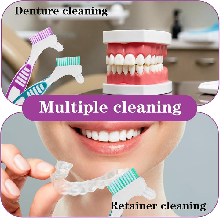 Denture Brush, 2Pcs Denture Toothbrush with Case,Multi-Layered Bristles Dental Brush,Ergonomic Rubber Handle for False Teeth Cleaning(Green,Purple)