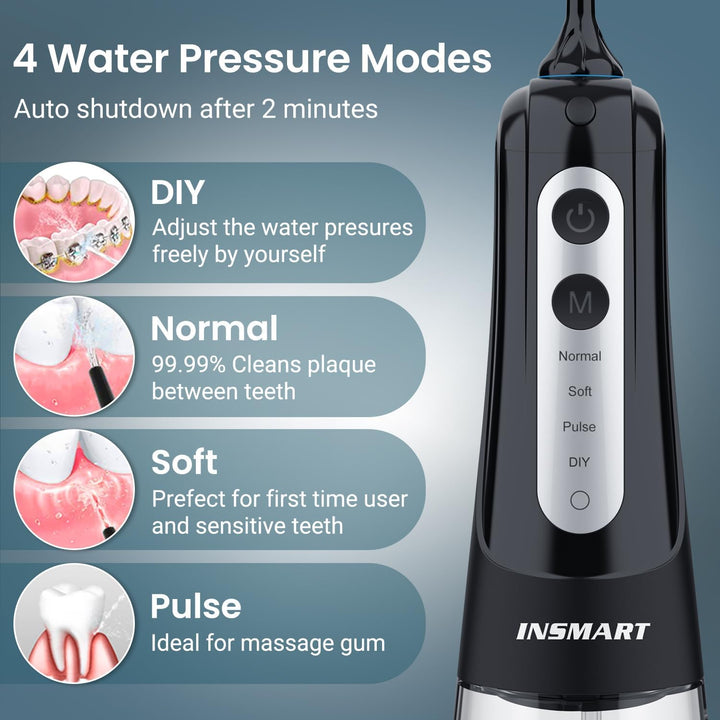 Cordless Water Dental Flosser Teeth Cleaner,  Professional 300ML Tank DIY Mode Rechargeable Dental Oral Irrigator for Home and Travel, IPX7 Waterproof 6 Modes Irrigate Oral Care (Black)