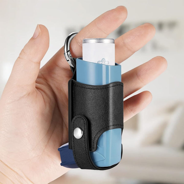 Asthma Inhaler Holder PU Leather Protective Travel Mini Holster - Lightweight Carrying Case with Carabiner Clip (Black) - Compact and Stylish Inhaler Protecto