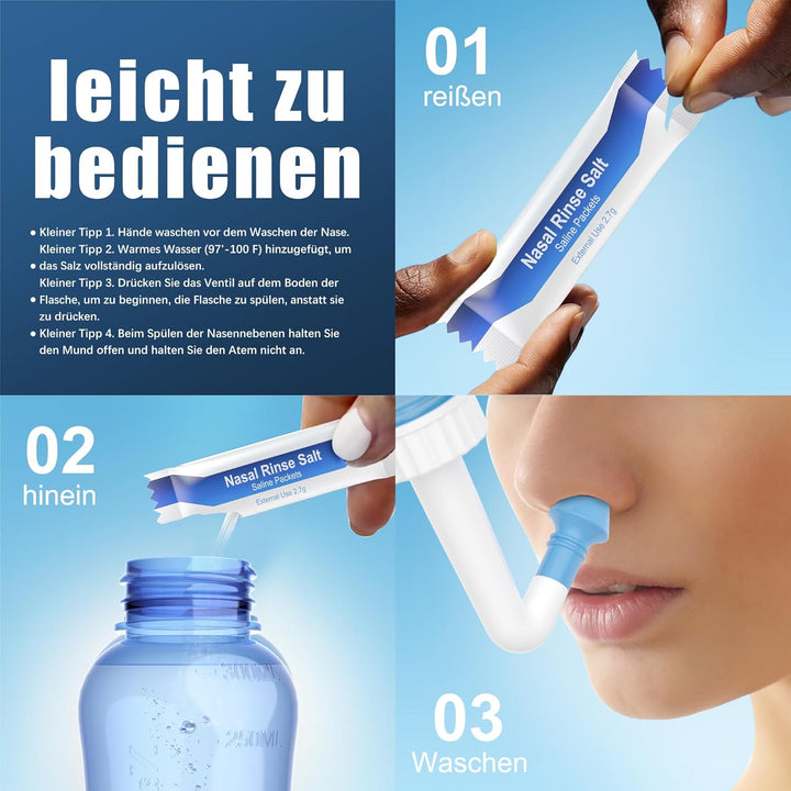 Neti Pot Sinus Rinse Bottle Nose Wash Cleaner Pressure Rinse Nasal Irrigation for Adult & Kid BPA Free 300 ML with Nasal Wash Salt Packets and Sticker Thermometer(Cyan Blue)