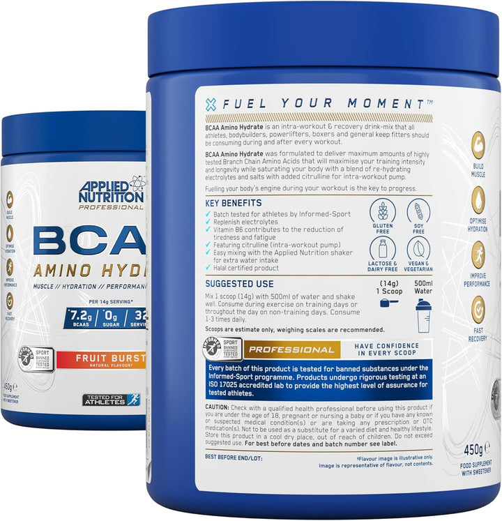 BCAA Powder - Branched Chain Amino Acids Bcaas Supplement, Amino Hydrate Intra Workout & Recovery Energy Drink (450G - 32 Servings) (Fruit Burst)