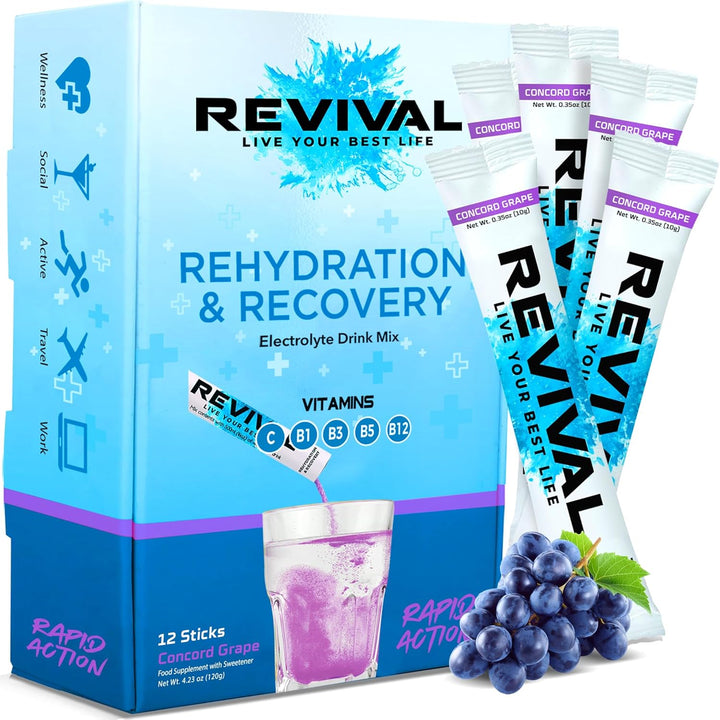Revival Rapid Rehydration Electrolytes Powder - High Strength Vitamin C, B1, B3, B5, B12 Supplement Sachet Drink, Effervescent Electrolyte Hydration Tablets - 12 Pack Assorted Flavours
