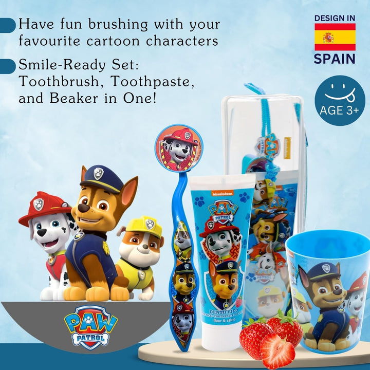 Paw Patrol Kids Toothbrush Set - Soft-Bristle Toothbrush with Protective Cap, Strawberry-Flavoured Toothpaste, and Multi-Purpose Beaker | Travel-Friendly Oral Care Kit for Children Ages 3+