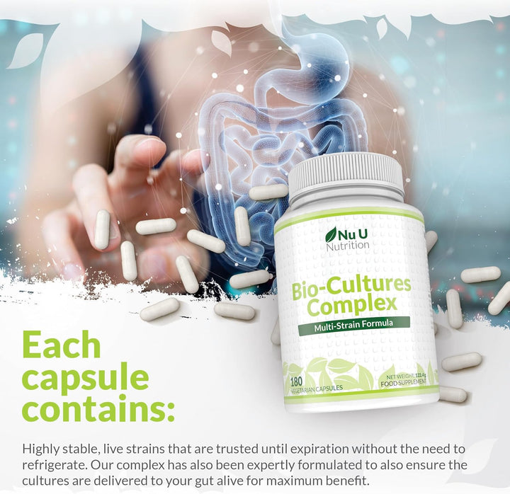 Bio-Cultures Complex - 180 High Strength Capsules - Lactobacillus Acidophilus, Rhamnosus & Bifidobacterium - 6 Month Supply - Gentle Vegetarian Multi-Strain Formula for Men & Women -