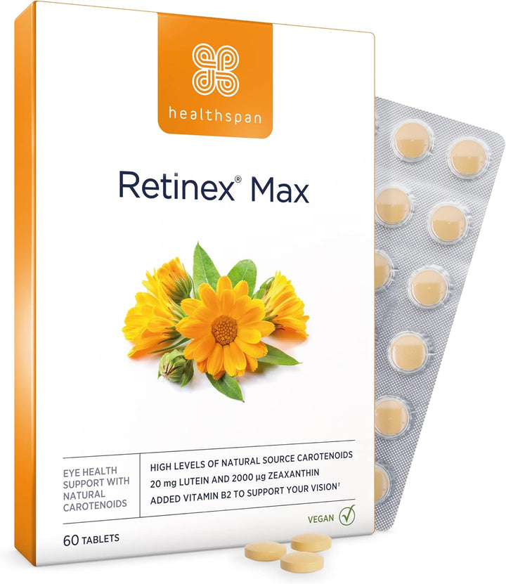 Retinex Max Eye Support (60 Tablets) | Long Term Vision & Eye Health | 20Mg Lutein & 2,000Ug Zeaxanthin | Vitamin B2 Contributes to Normal Vision | Natural Source Carotenoids | Vegan