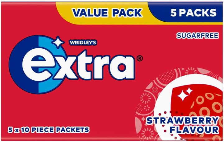 Wrigley'S Extra Chewing Gum, Strawberry Flavour, 5 Packs of 10 Pieces, Sugar Free Chewing Gum Multipack with Xylitol (50 Pieces)