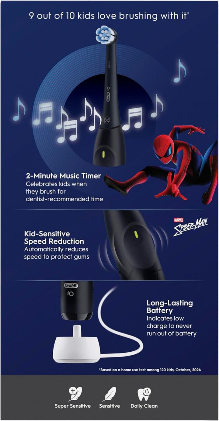 Io Kids Marvel Spiderman Electric Toothbrush, 1 Toothbrush Head, 1 Travel Case, 3 Modes with Kid-Friendly Sensitive Mode, 2-Min Music Timer, for Ages 6+