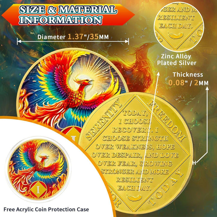 Phoenix of Light 1 Year Sobriety Coin, Phoenix One Years NA Coin, Addiction Recovery Sober Chip with Prayer - Beautifully Sobriety Gifts for Women Men - Applies to Narcotics Anonymous