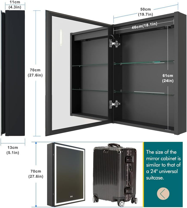 50 X 70 Cm LED Lighted Bathroom Medicine Cabinet with Mirror, Defogger, Dimmer, 3 Color Light Makeup Mirror, Easy to Install, Wall Mounted Medicine Cabinet without Socket & Usbs