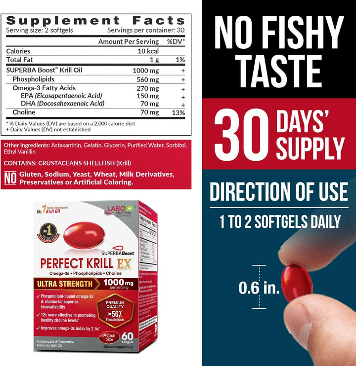 Perfect Krill EX, the Purest Ultra Strength Antarctic Krill Oil, Highest Phospholipids (>56%), with Choline & Astaxanthin, Omega 3, Heart & Joint Support, 100% Made in USA, 60 Softgel