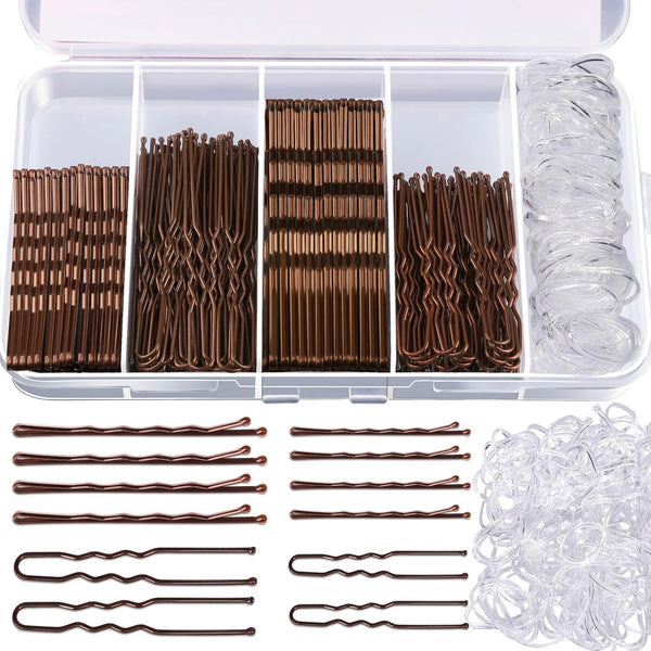 300Pcs Bobby Pins Kit - 100 Hair Pins for Women, 100 Brown, 100 Hair Bands - U Shape Pins for Buns, 2Inch, 2.36Inch, 2.75Inch