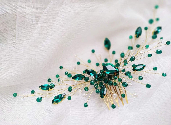 Women Gold Headpiece Teardrop Emerald Green Crystal Hair Vine Comb Wedding Hair Accessory Rhinestone Hair Piece Gift for Her Party Headress for Bride Bridesmaid Girls(Gold)