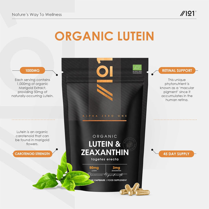 Organic Lutein & Zeaxanthin – 50Mg Lutein & 3Mg Zeaxanthin from Organic Marigold Flower Extract – 90 Vegan Capsules – Resealable and Recyclable Pouch by
