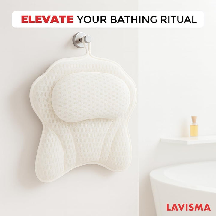 Luxury Bath Pillow for Bathtub - Comfortable Head, Neck & Back Support Spa Pillow - 4D Mesh Cushion with 6 Suction Cups - Fits All Bathtubs, Hot Tubs & Spa Tubs - Quick-Dry Bath Pillow White