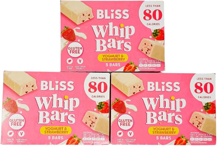 Gluten Free Bliss Whip Bars Strawberry & Yoghurt | under 80 Calories | High Fibre | Vegetarian Cereal Bars | 3 X 5 Packs with  14-Day Healthy Eating Challenge