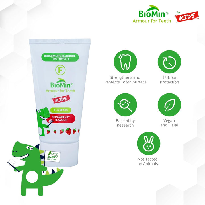 F for Kids Toothpaste - Strawberry Flavour for 3-6 Years of Age - Toddler Toothpaste for Stronger and Healthier Teeth - Vegan-Friendly