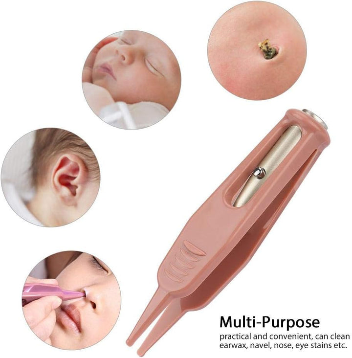 Baby Nasal Tweezer, Anti-Skid Safety Round-Head Baby Cleaning Tweezers Ear Nose Navel Cleaner Clip Tool with LED Light