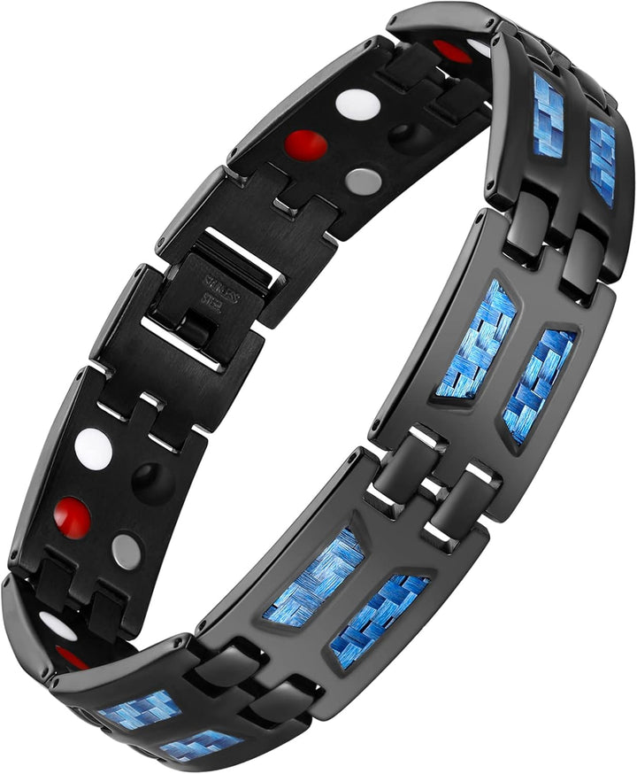 Titanium Steel Magnetic Bracelets for Men,4 Element Double Row Strength Magnets Wristband Magnetic Brazaletes with Free Links Removal Tool & Jewelry Gift Box