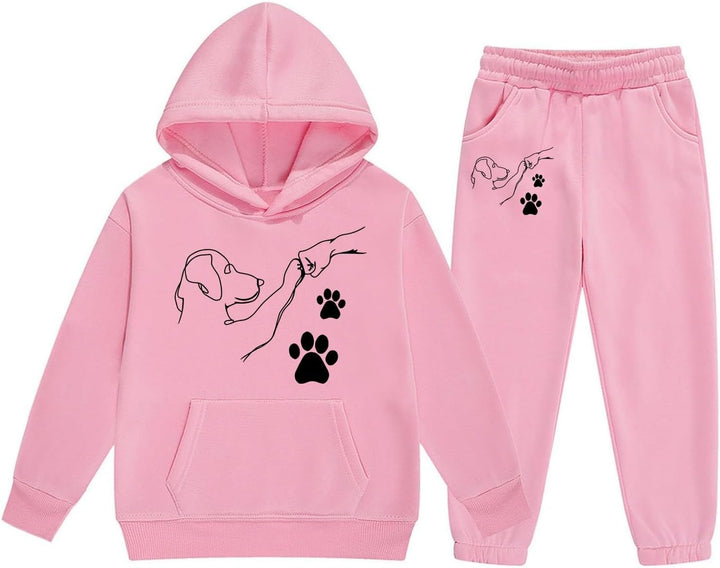 Girls Casual Hooded Tracksuit with Cute Cartoon Fist Bump Print and Drawstring Pockets for Autumn Winter Season