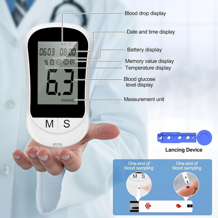 Blood Sugar Monitor Blood Sugar Test Kit with 100 Test Strips & 100 Lancets, No Coding Diabetes Testing Kit 250 Memory 5 Seconds Accurate for Diabetics Home Self-Testing-In Mmol/L