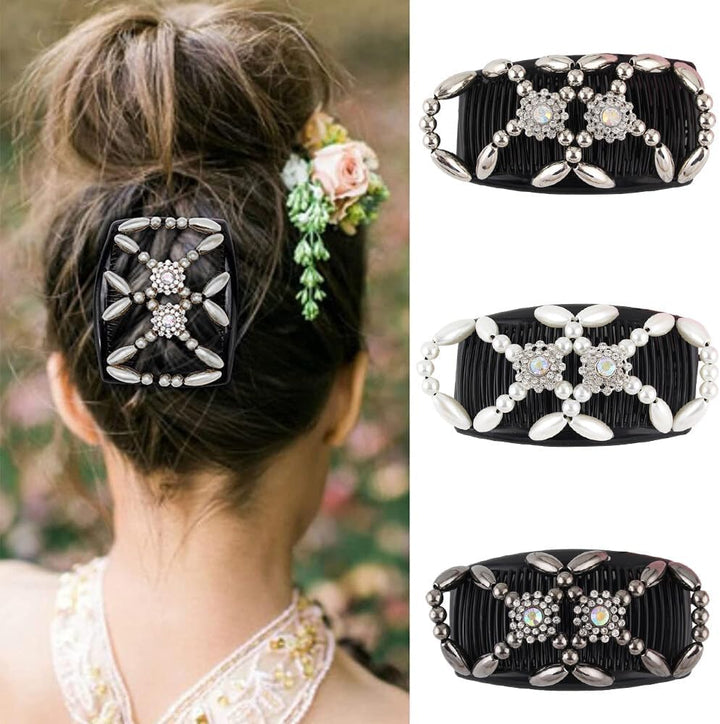 Double Clip Magic Elastic Beaded Hair Combs, 3PCS Double Sided Clips for DIY Hairstyling, Girls & Women Hair Accessories (Flowers)