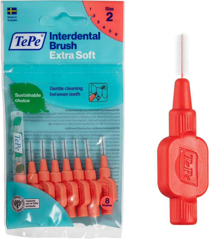 Interdental Brush, Extra Soft, Red, 0.5Mm/Iso 2, 8Pcs, Efficient Cleaning between Teeth, Plaque Remover and Dental Flosser for Narrow Gaps