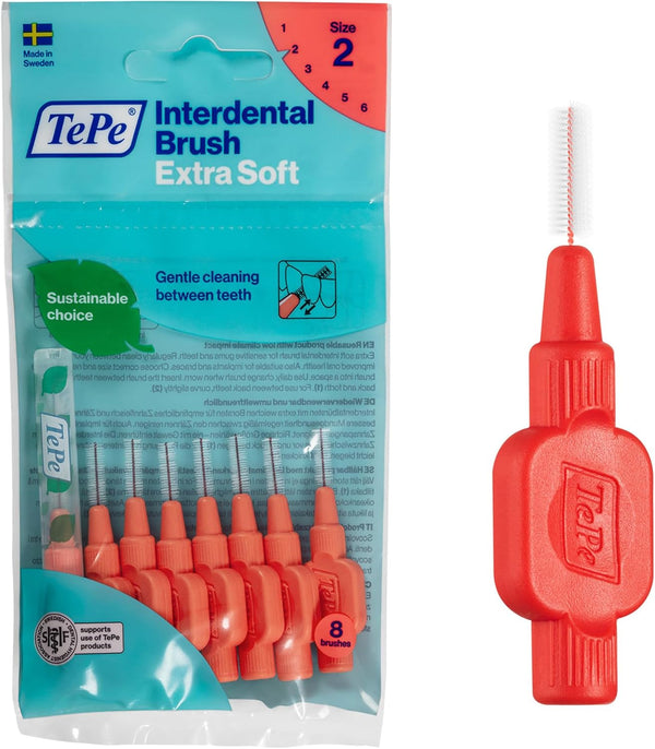 Interdental Brush, Extra Soft, Red, 0.5Mm/Iso 2, 8Pcs, Efficient Cleaning between Teeth, Plaque Remover and Dental Flosser for Narrow Gaps