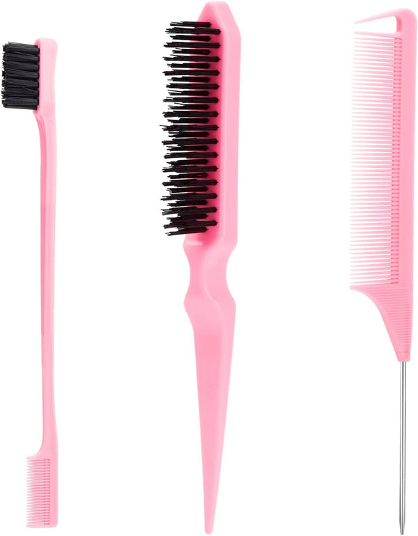 3 Pcs Slick Back Hair Brush Set with Edge Brush, Bristle Brush, Rat Tail Comb, Teasing Brush Set for Smoothing Baby Hair & Flyaways - Pink