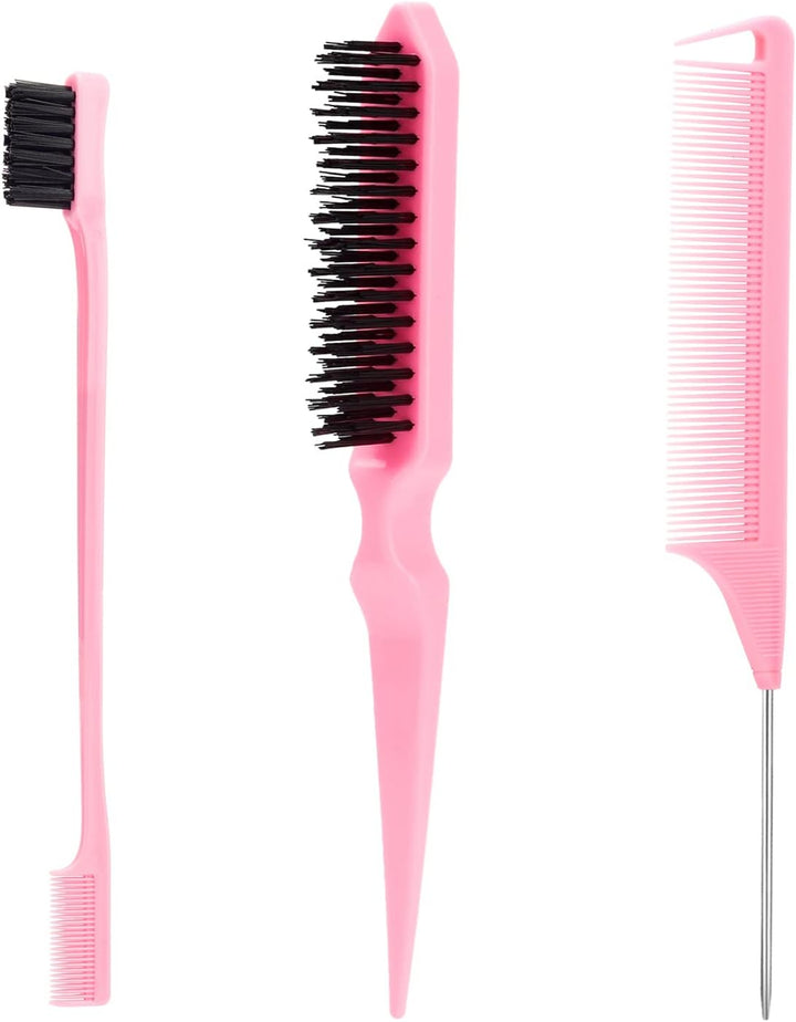 3 Pcs Slick Back Hair Brush Set with Edge Brush, Bristle Brush, Rat Tail Comb, Teasing Brush Set for Smoothing Baby Hair & Flyaways - Pink