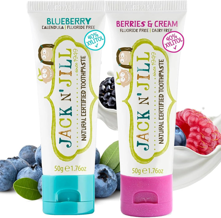 Jack N’ Jill Natural Certified Kids Toothpaste – Fluoride-Free Toddler & Baby Toothpaste with 40% Xylitol, No Sugar, Suitable from 6 Months+, Banana & Strawberry Flavour, Pack of 2 (50G Each)