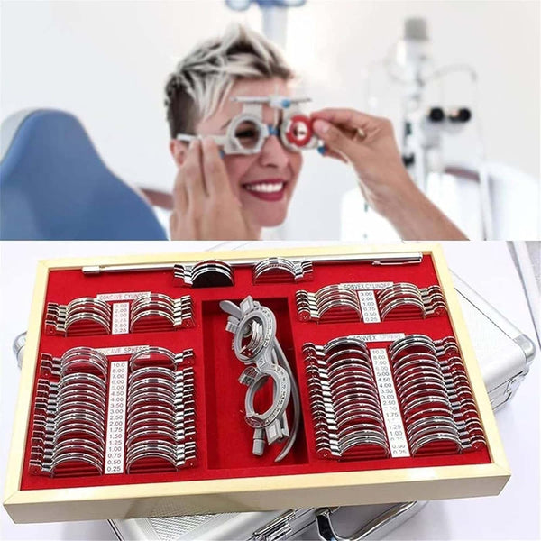 104 PCS Optical Trial Lens Set Optometry Kit Metal Rim Aluminium Case Kit Set with Optometry Test Trial Frame, Accurate Rim Retinoscopy Rack Lenses Test Glasses